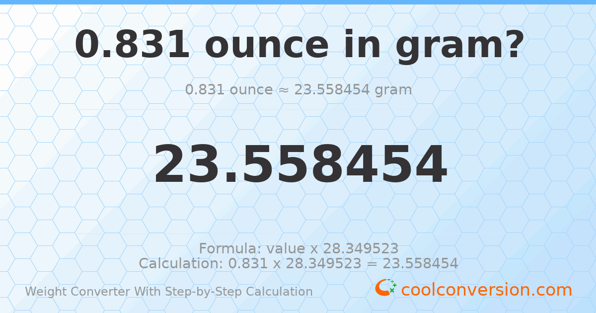 0.831 ounces = 23.5585 grams