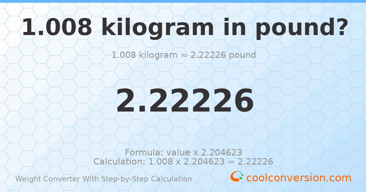 1.008 kilograms = 2.22226 pounds