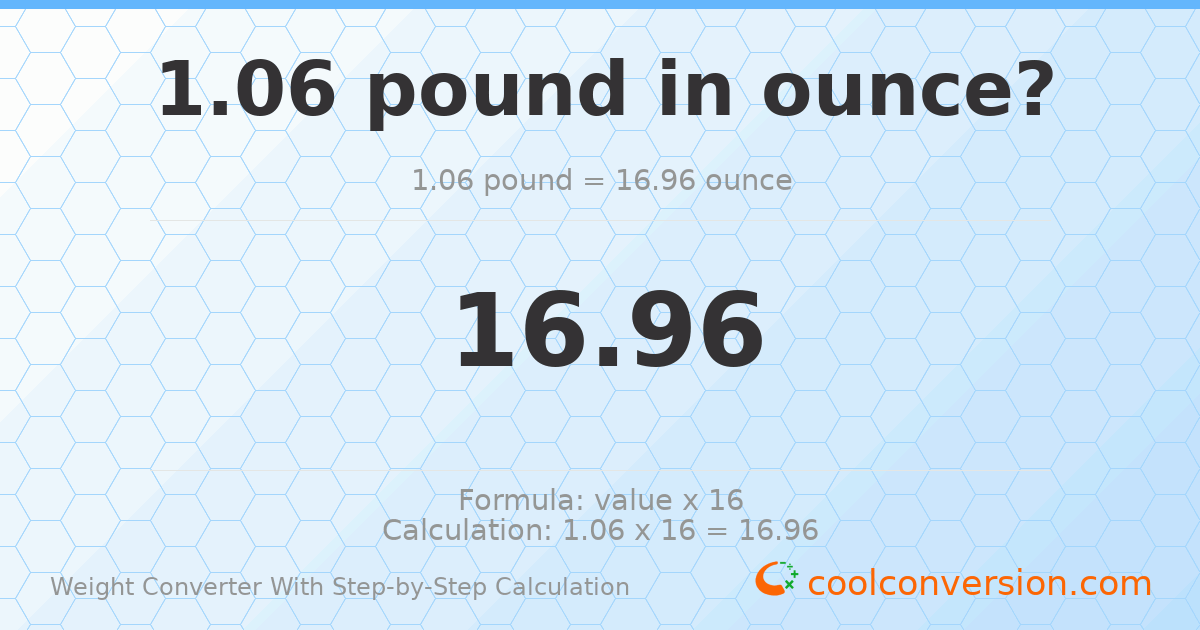 1.06 pounds = 16.96 ounces