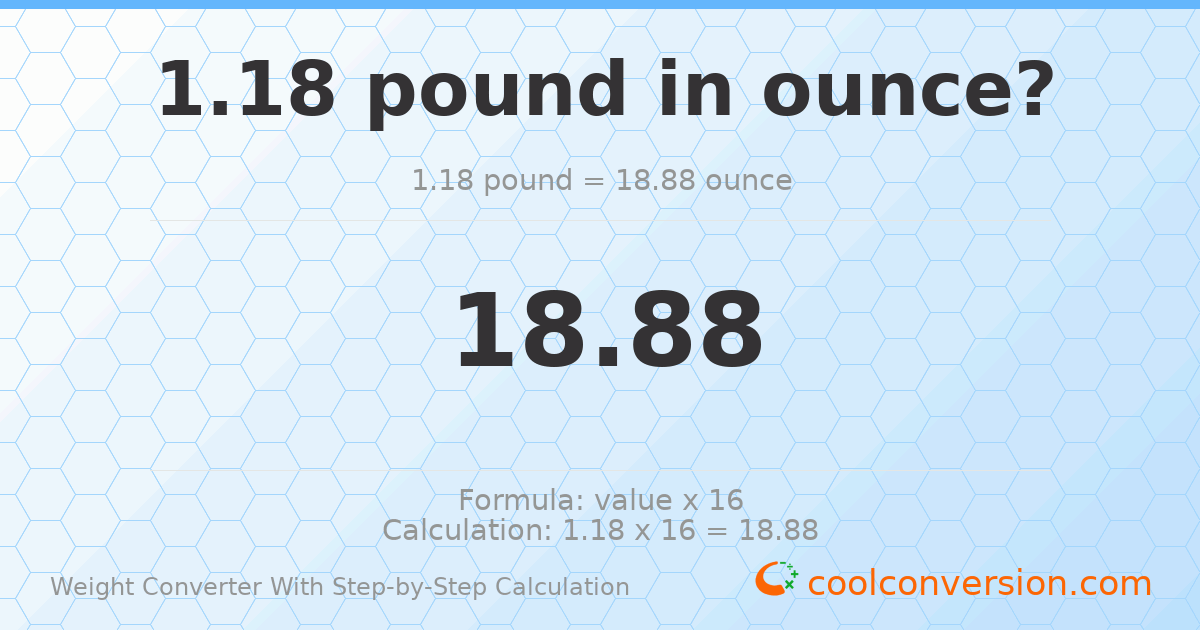 1.18 pounds = 18.88 ounces