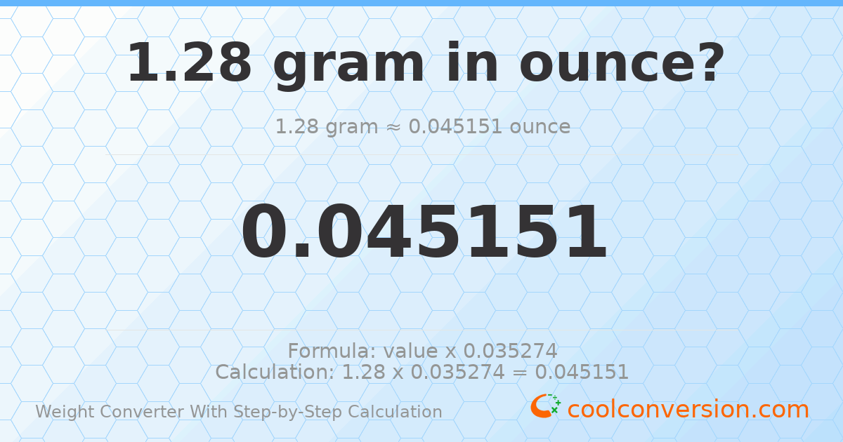 1.28 grams = 0.0451507 ounces