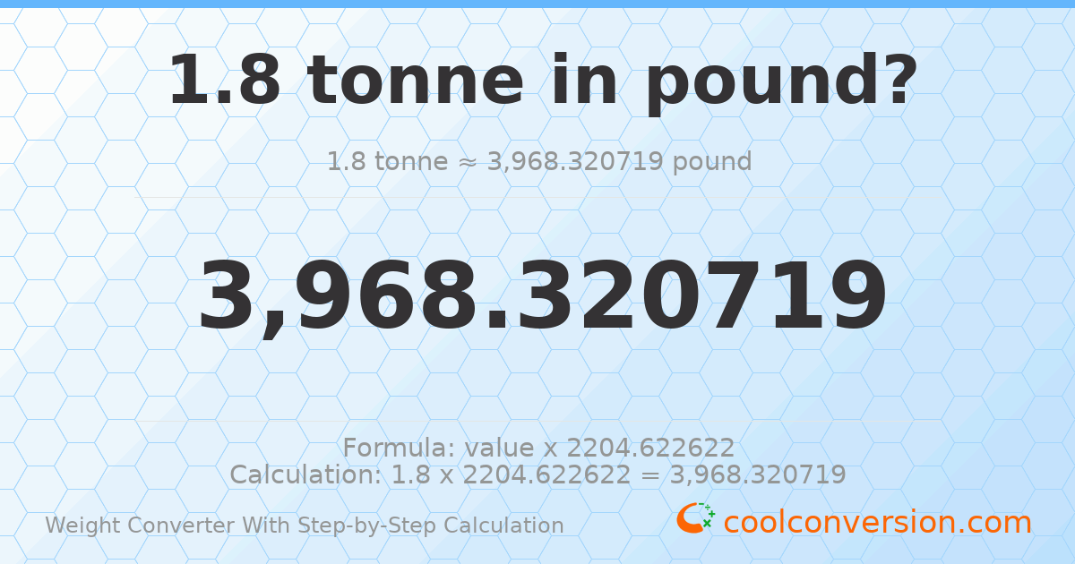 1.8 tonnes = 3968.32 pounds