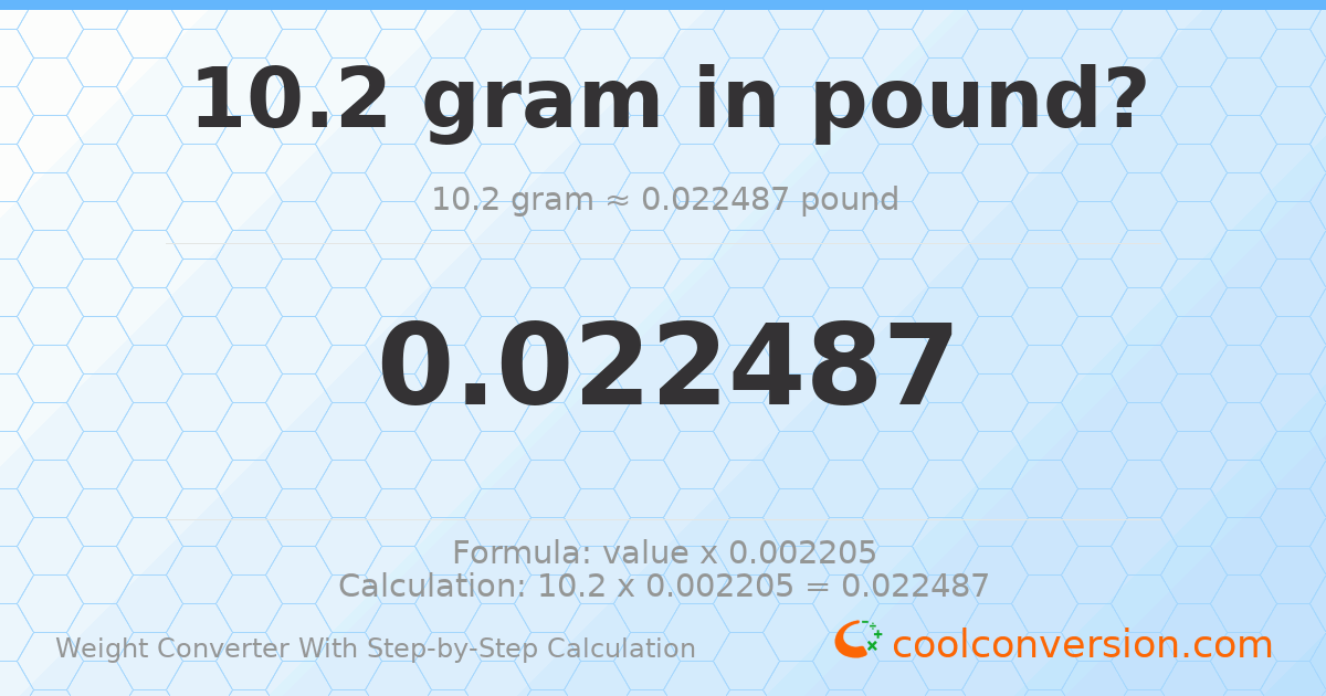 10.2 grams = 0.0224872 pounds