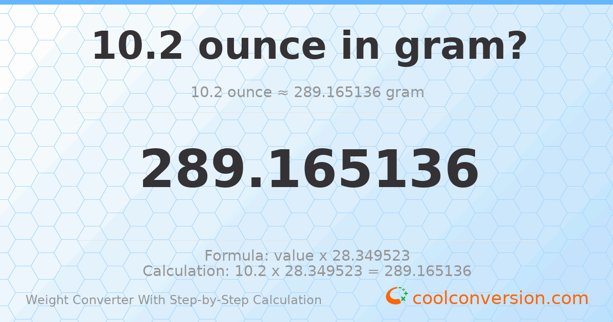 10.2 ounces = 289.165 grams