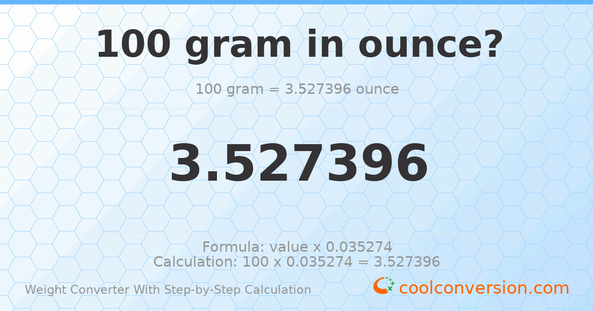 100 grams = 3.5274 ounces
