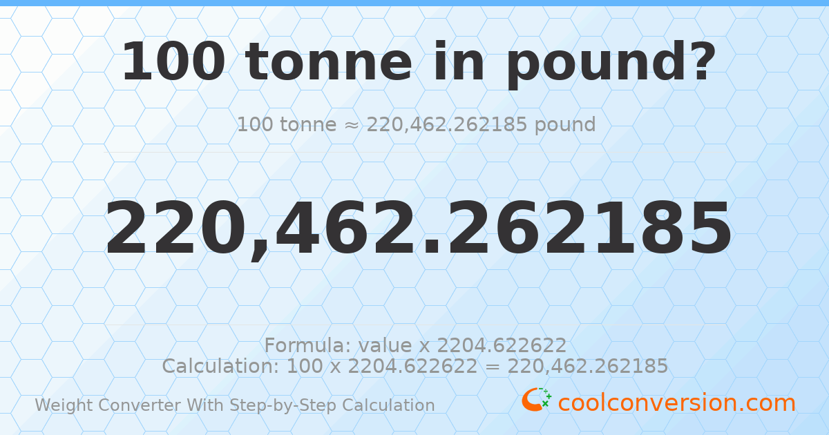 100 tonnes = 220462 pounds