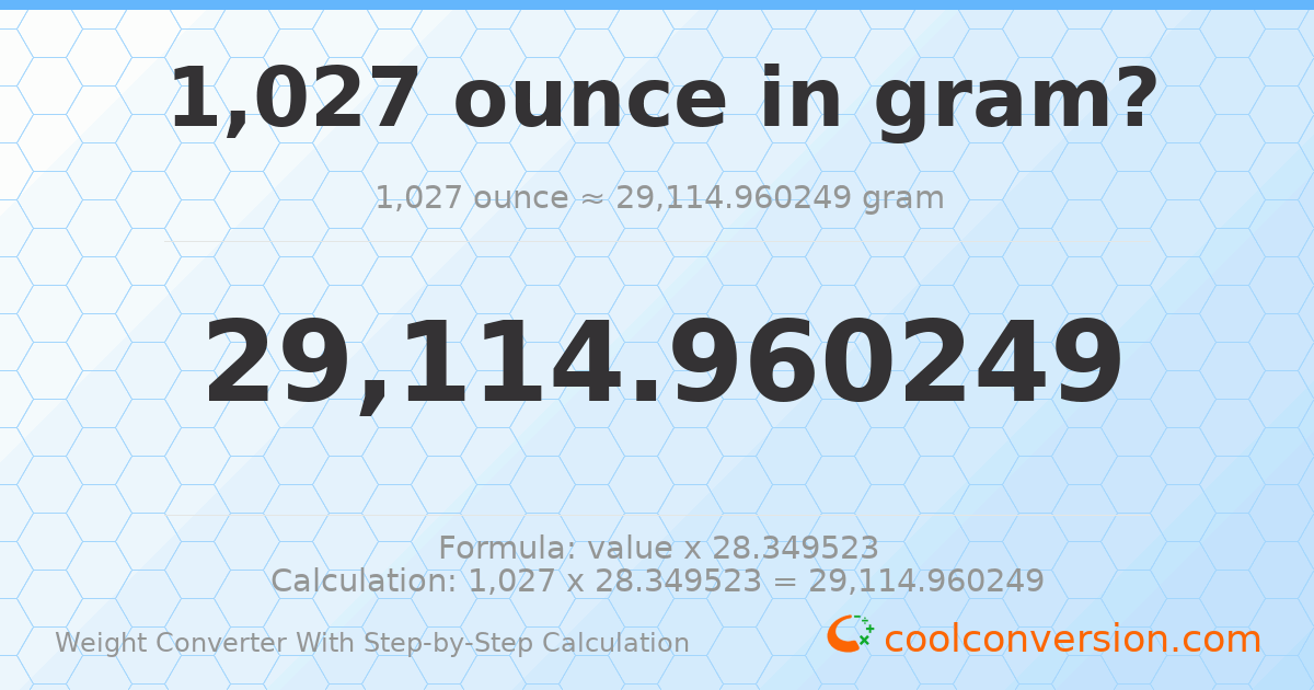 1027 ounces = 29115 grams