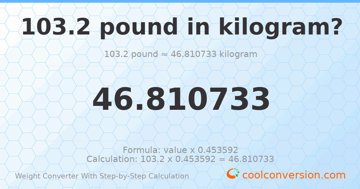 103.2 pounds = 46.8107 kilograms