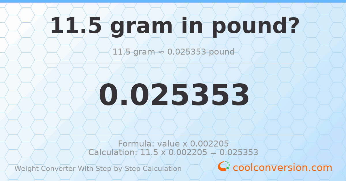 11.5 grams = 0.0253532 pounds
