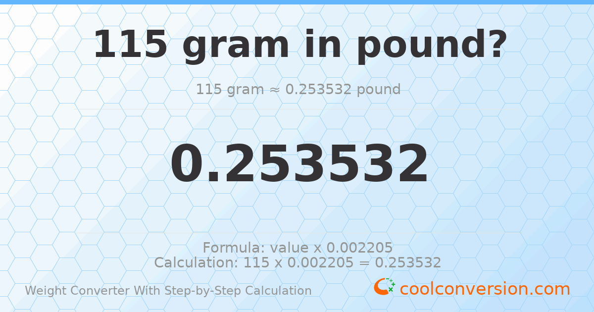 115 grams = 0.253532 pounds