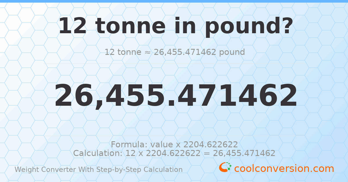 12 tonnes = 26455.5 pounds