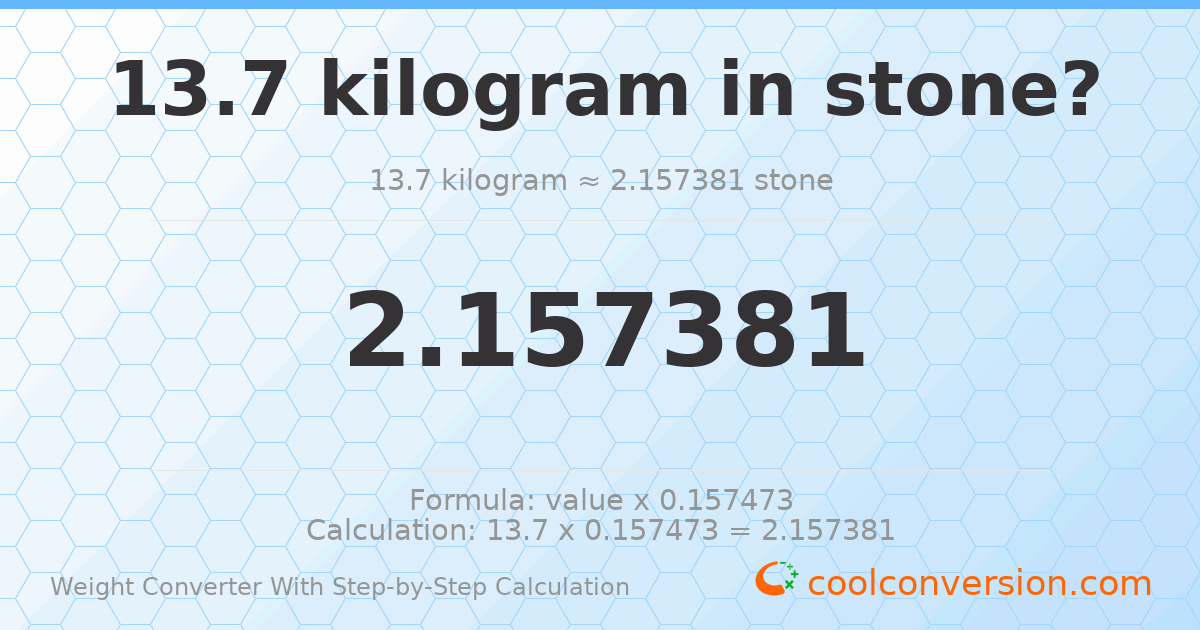13.7 kilograms = 2.15738 stones