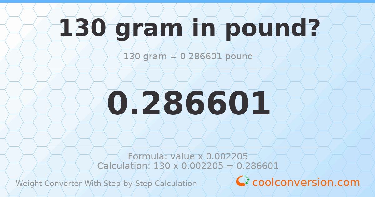 130 grams = 0.286601 pounds
