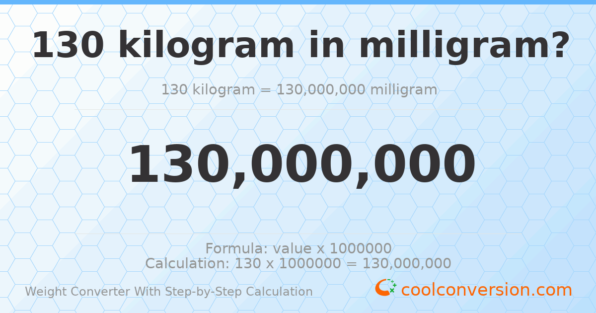 130 kilograms = 1.3 × 10⁸ milligrams
