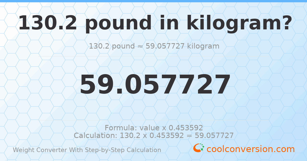 130.2 pounds = 59.0577 kilograms
