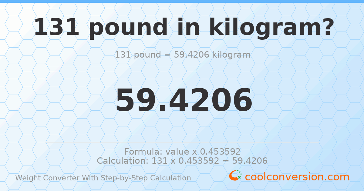 131 pounds = 59.4206 kilograms