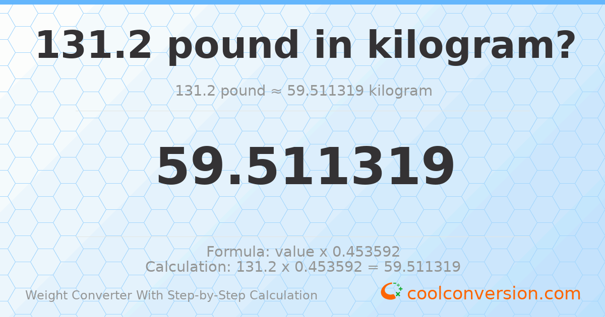 131.2 pounds = 59.5113 kilograms