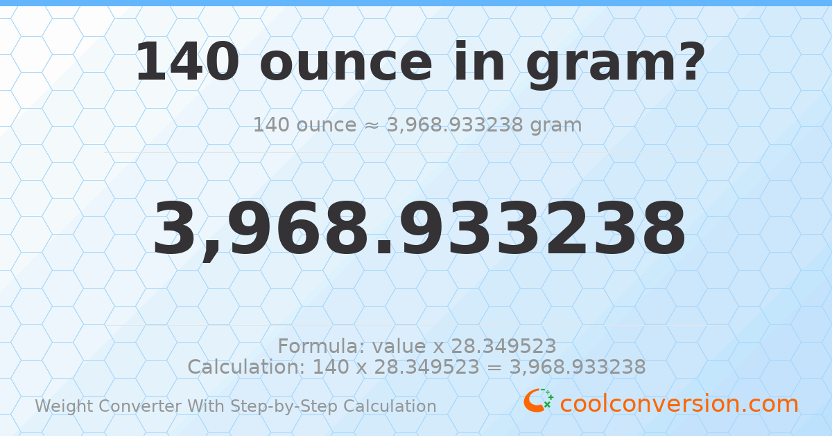140 ounces = 3968.93 grams