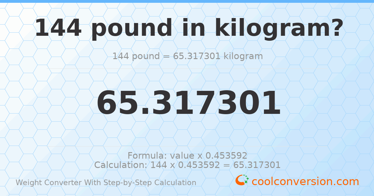 144 pounds = 65.3173 kilograms