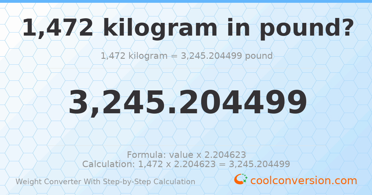 1472 kilograms = 3245.2 pounds