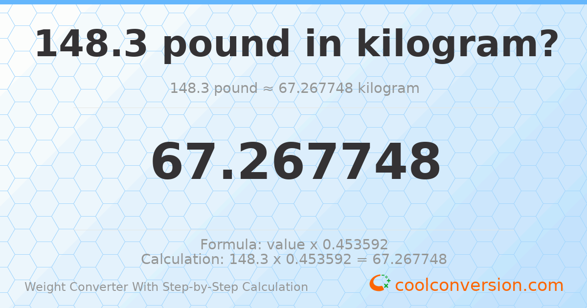 148.3 pounds = 67.2677 kilograms