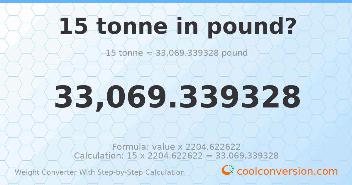 15 tonnes = 33069.3 pounds