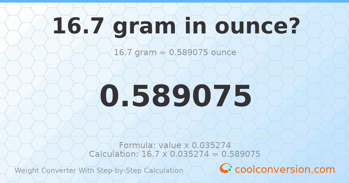 16.7 grams = 0.589075 ounces