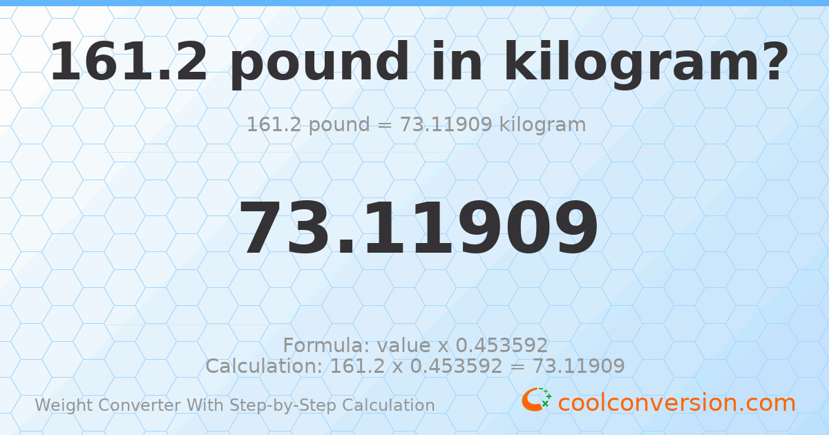 161.2 pounds = 73.1191 kilograms