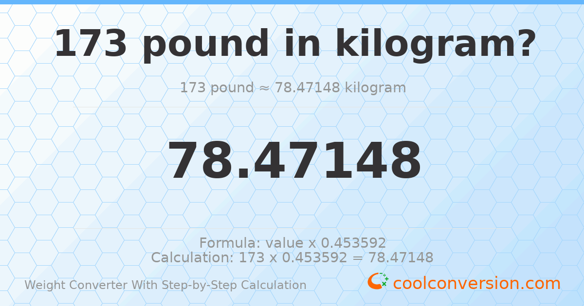 173 pounds = 78.4715 kilograms