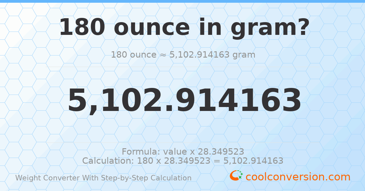 180 ounces = 5102.91 grams