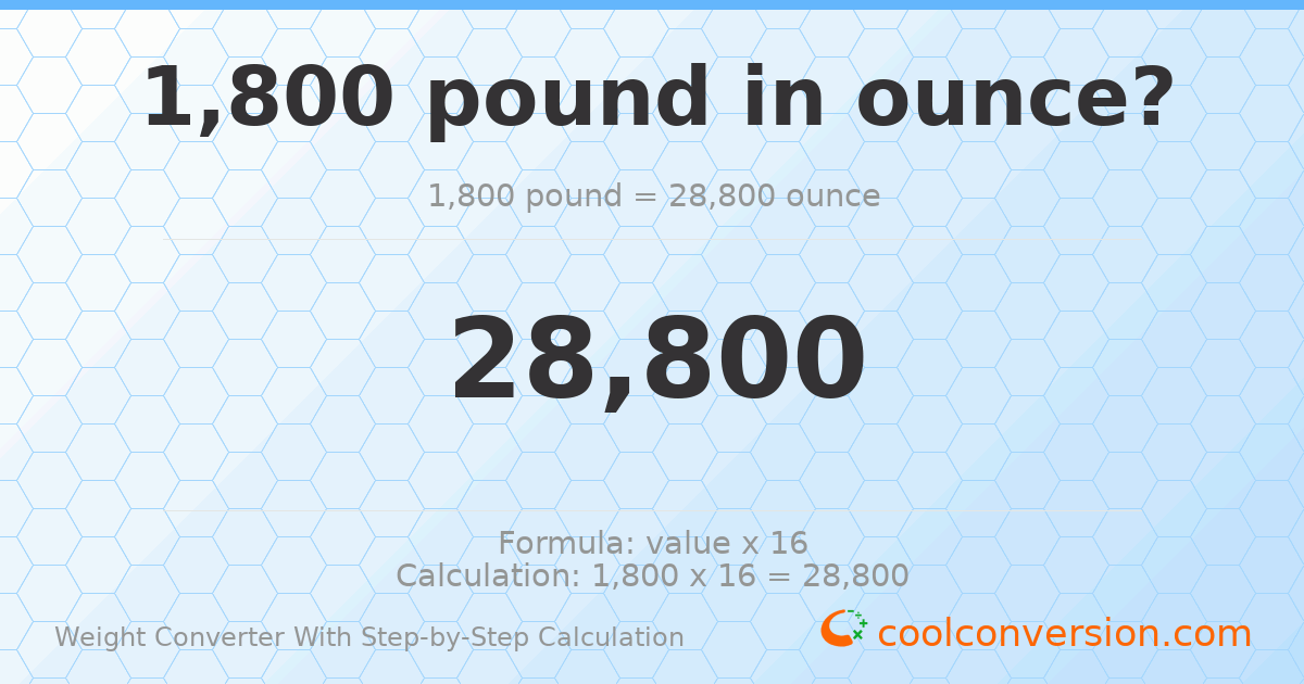 1800 pounds = 28800 ounces