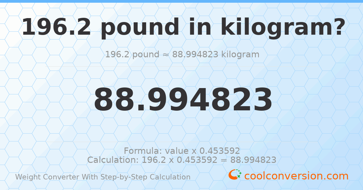 196.2 pounds = 88.9948 kilograms