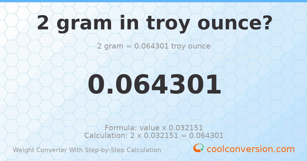 2 grams = 0.0643015 troy ounces
