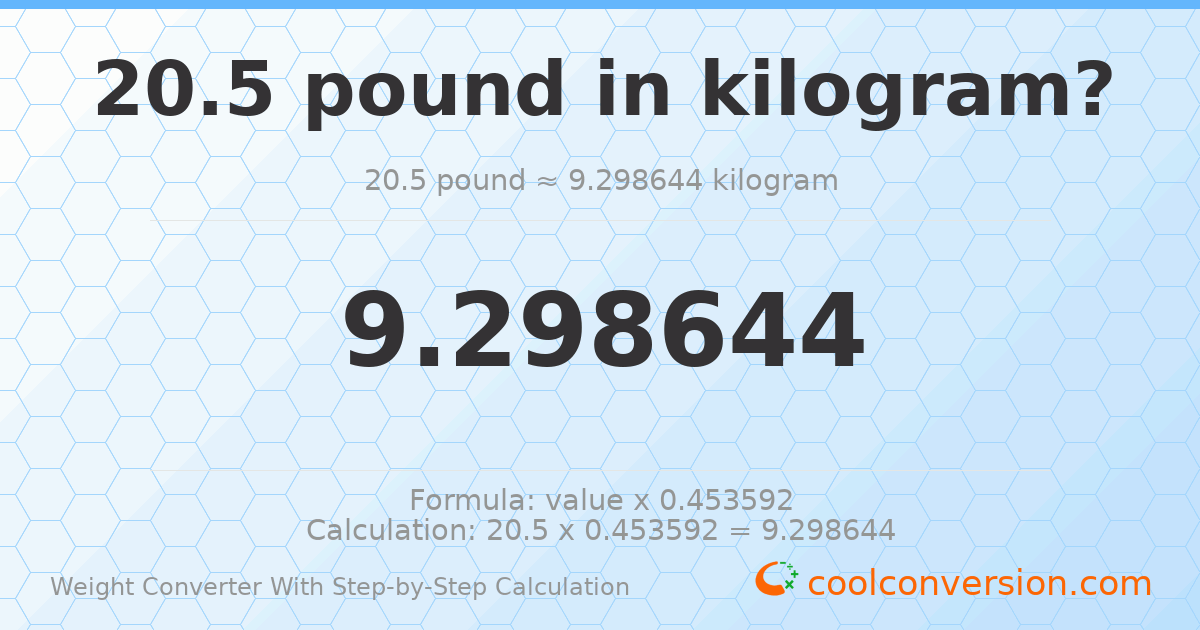 20.5 pounds = 9.29864 kilograms