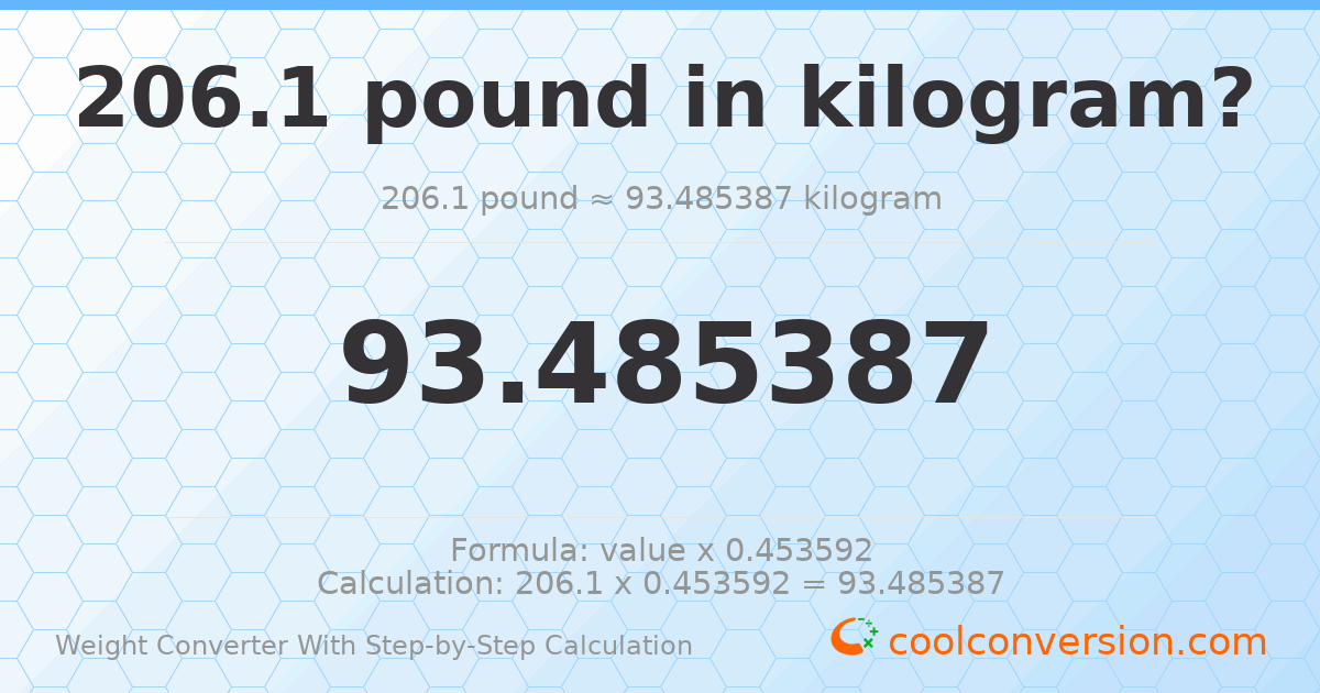 206.1 pounds = 93.4854 kilograms