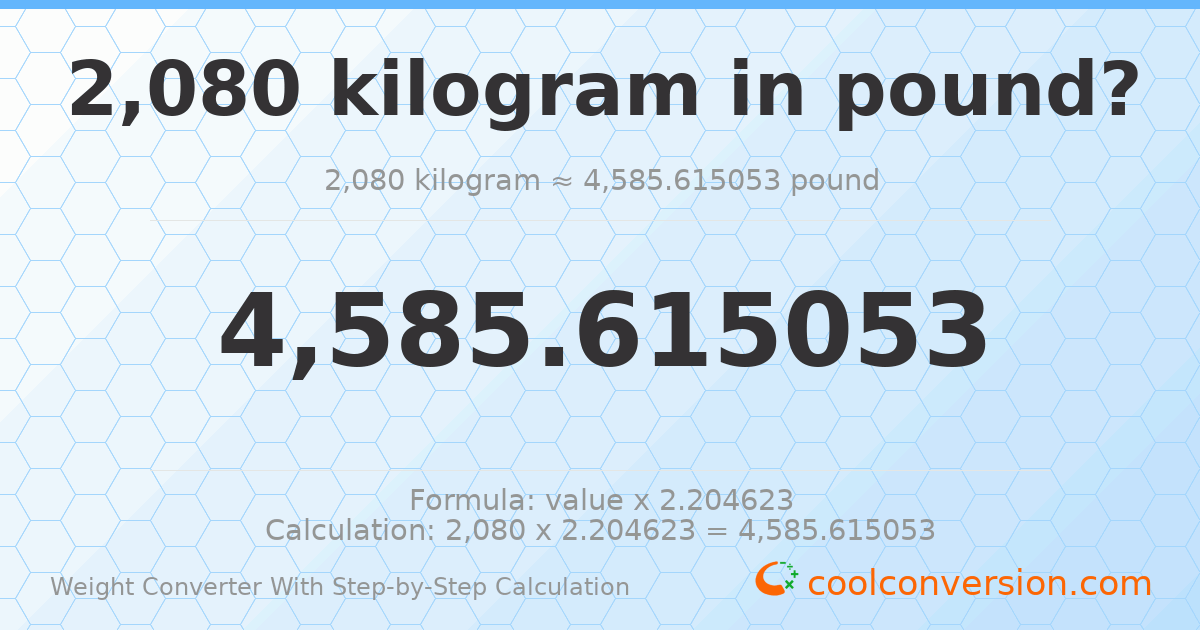 2080 kilograms = 4585.62 pounds