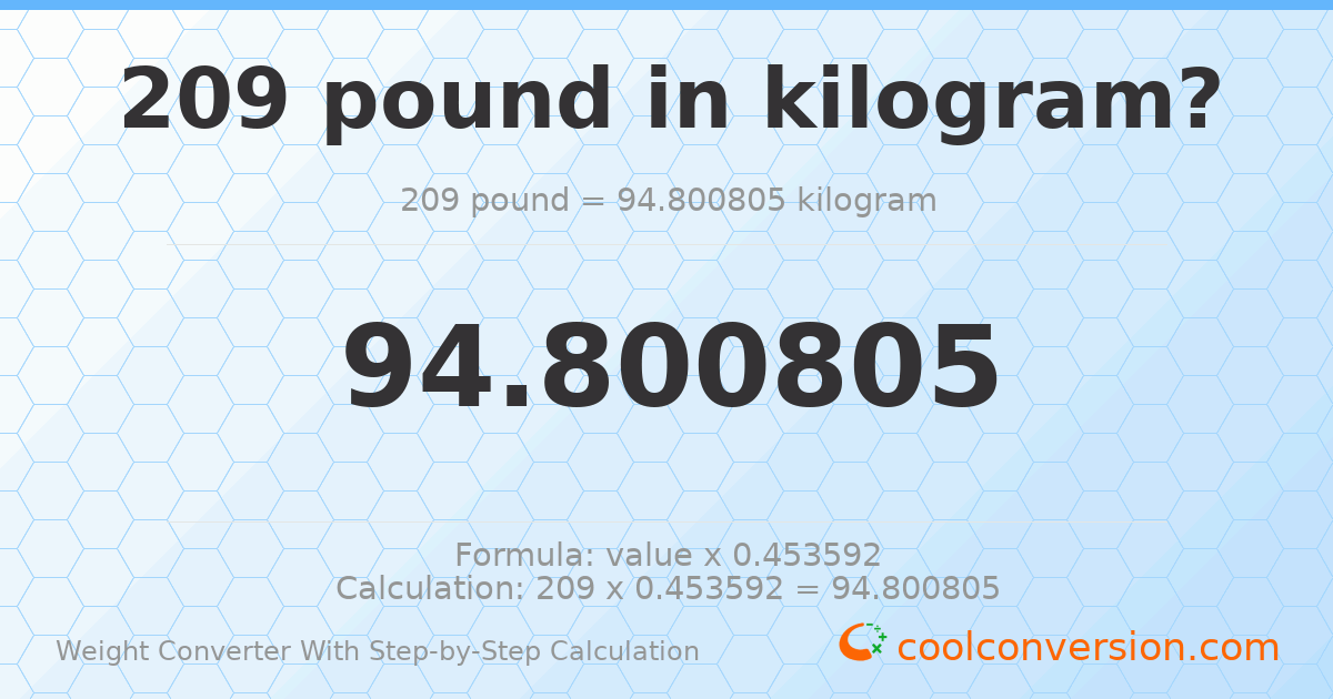 209 pounds = 94.8008 kilograms