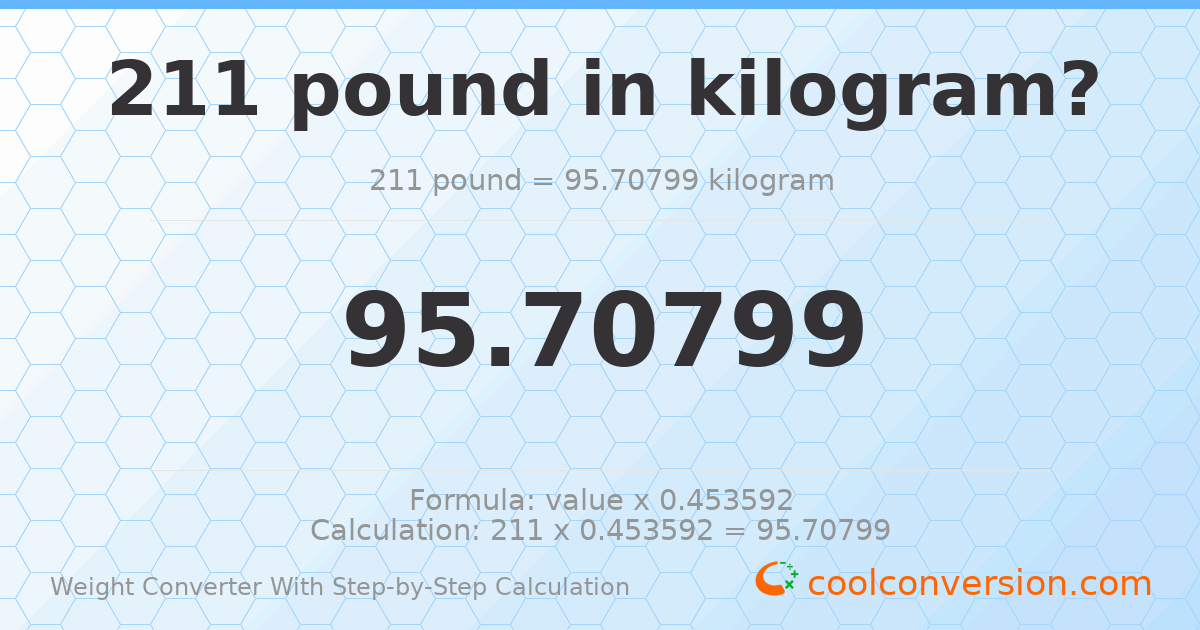 211 pounds = 95.708 kilograms