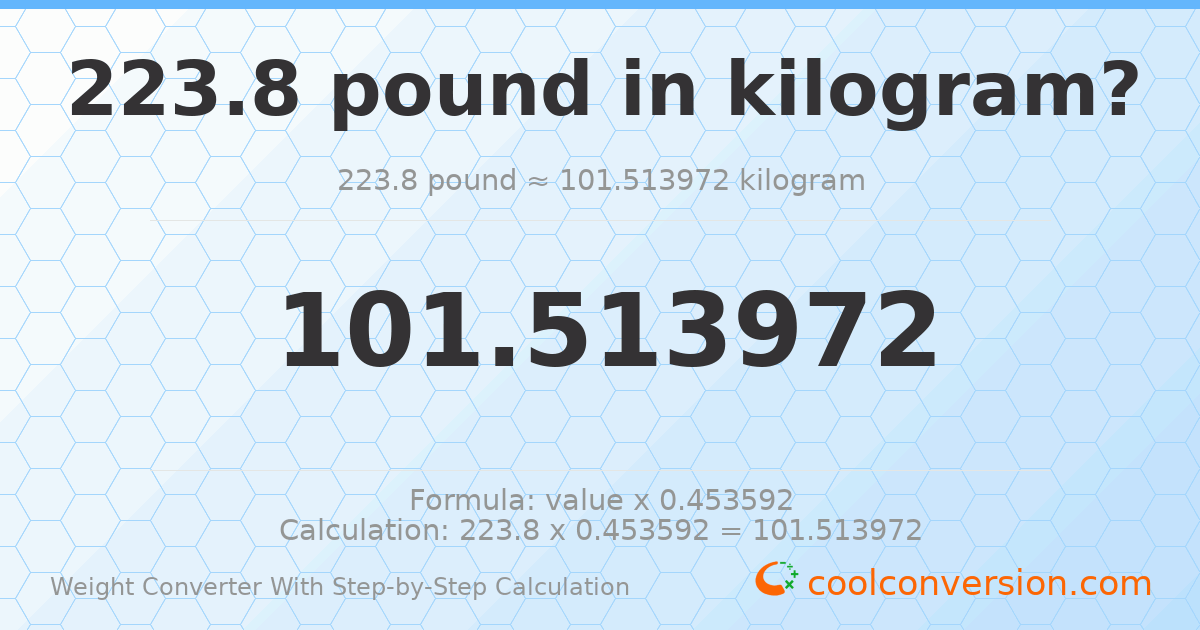 223.8 pounds = 101.514 kilograms