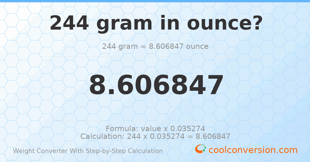 244 grams = 8.60685 ounces