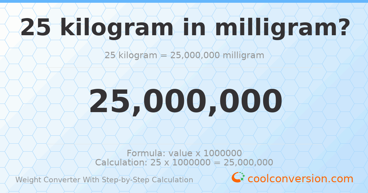 25 kilograms = 2.5 × 10⁷ milligrams