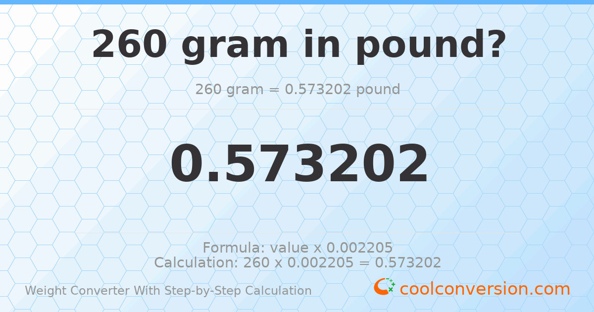 260 grams = 0.573202 pounds