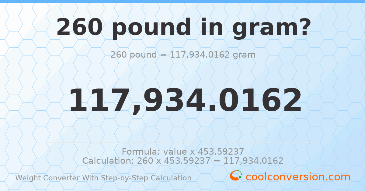 260 pounds = 117934 grams