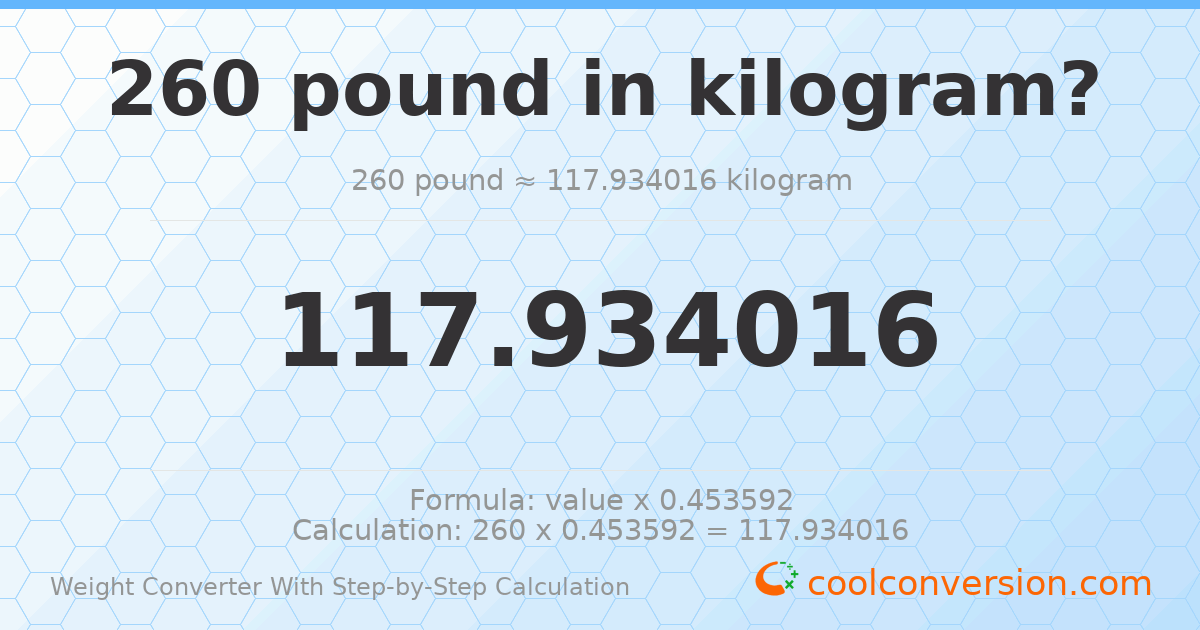 260 pounds = 117.934 kilograms