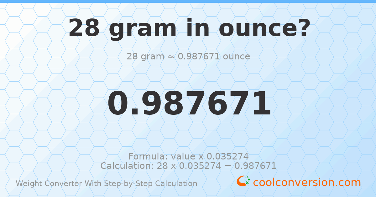 28 grams = 0.987671 ounces