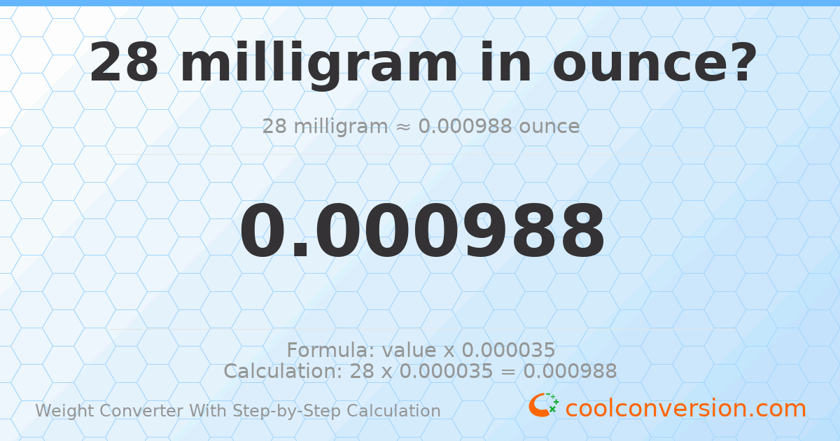 28 milligrams = 0.000987671 ounces