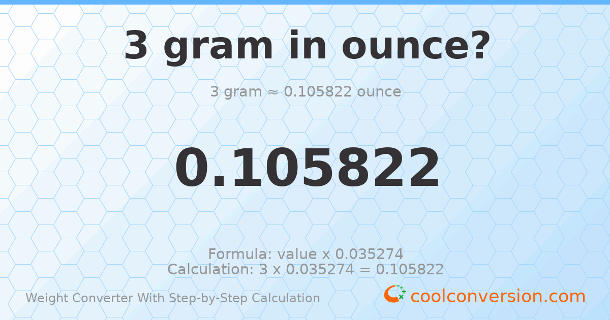 3 grams = 0.105822 ounces
