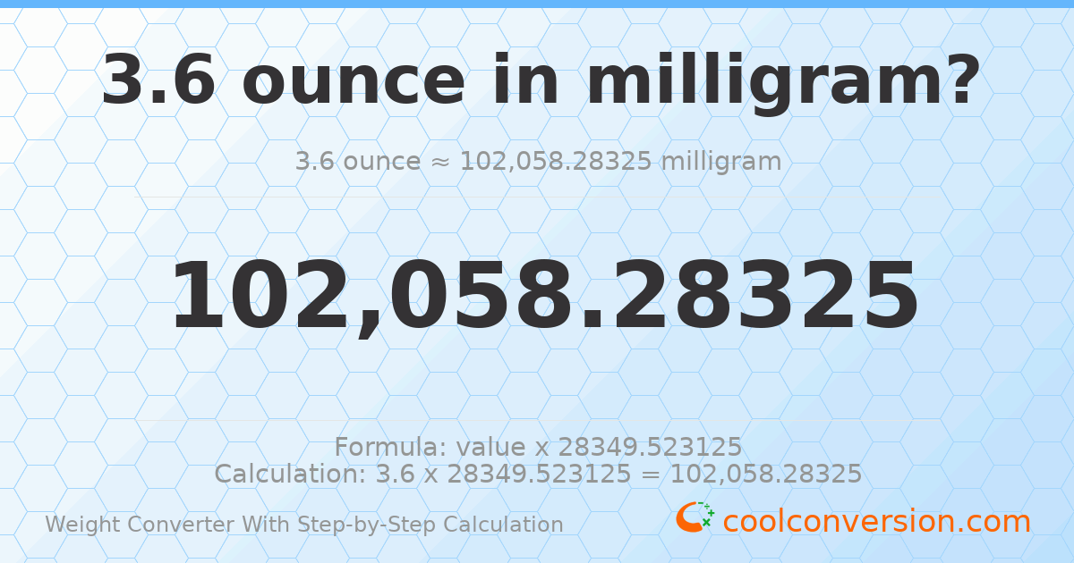 3.6 ounces = 102058 milligrams