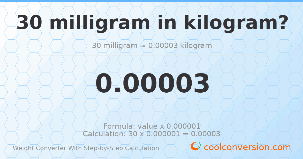 30 milligrams = 3 × 10⁻⁵ kilograms