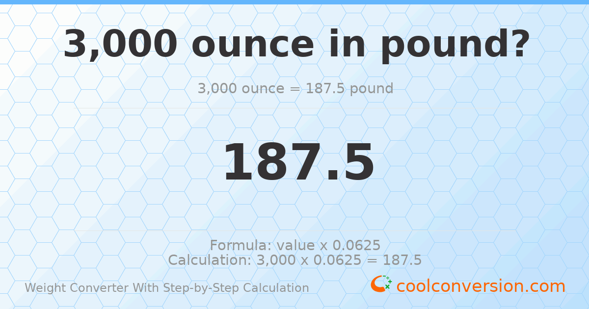3000 ounces = 187.5 pounds
